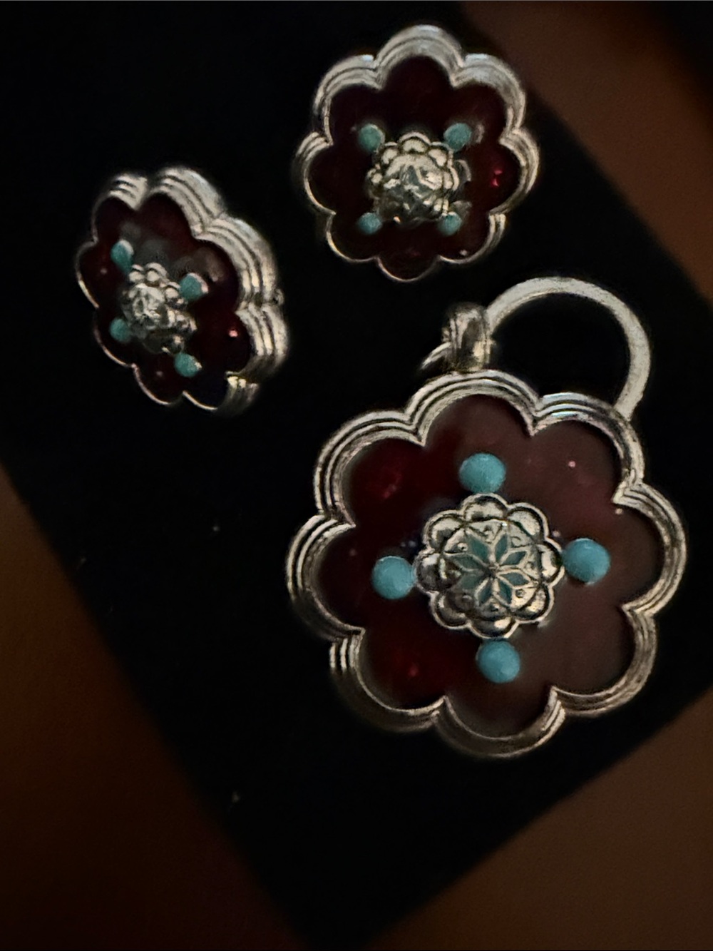 Avon Red Enamel Floral Pendant and Stud Clip Earrings with Turquoise Accents